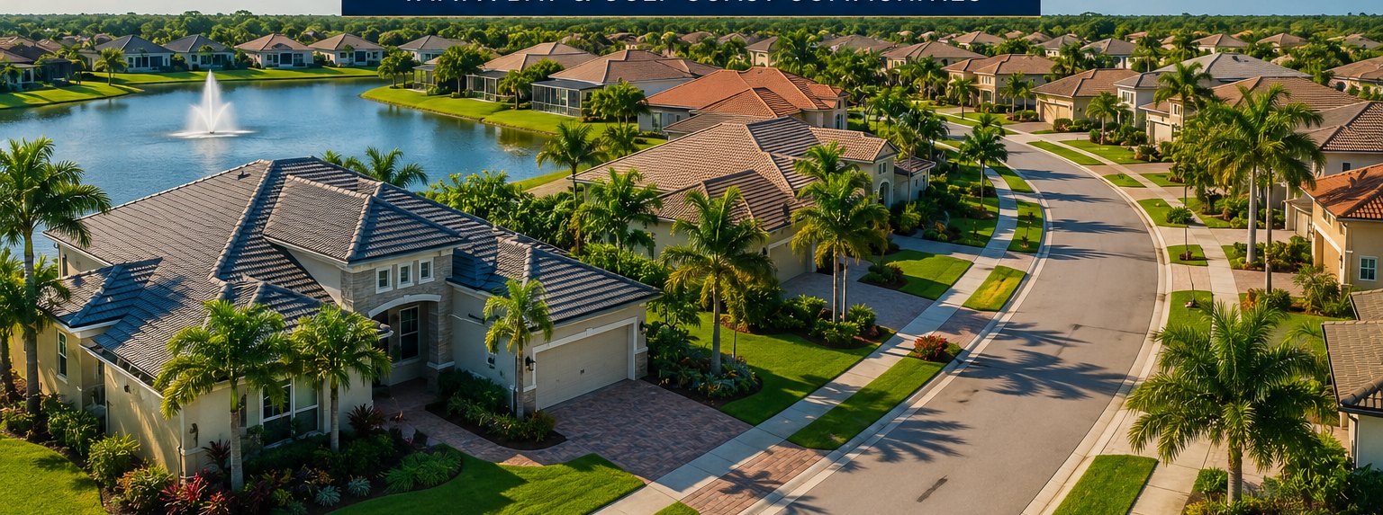Florida Gulf Coast suburban neighborhood with palm trees and homes