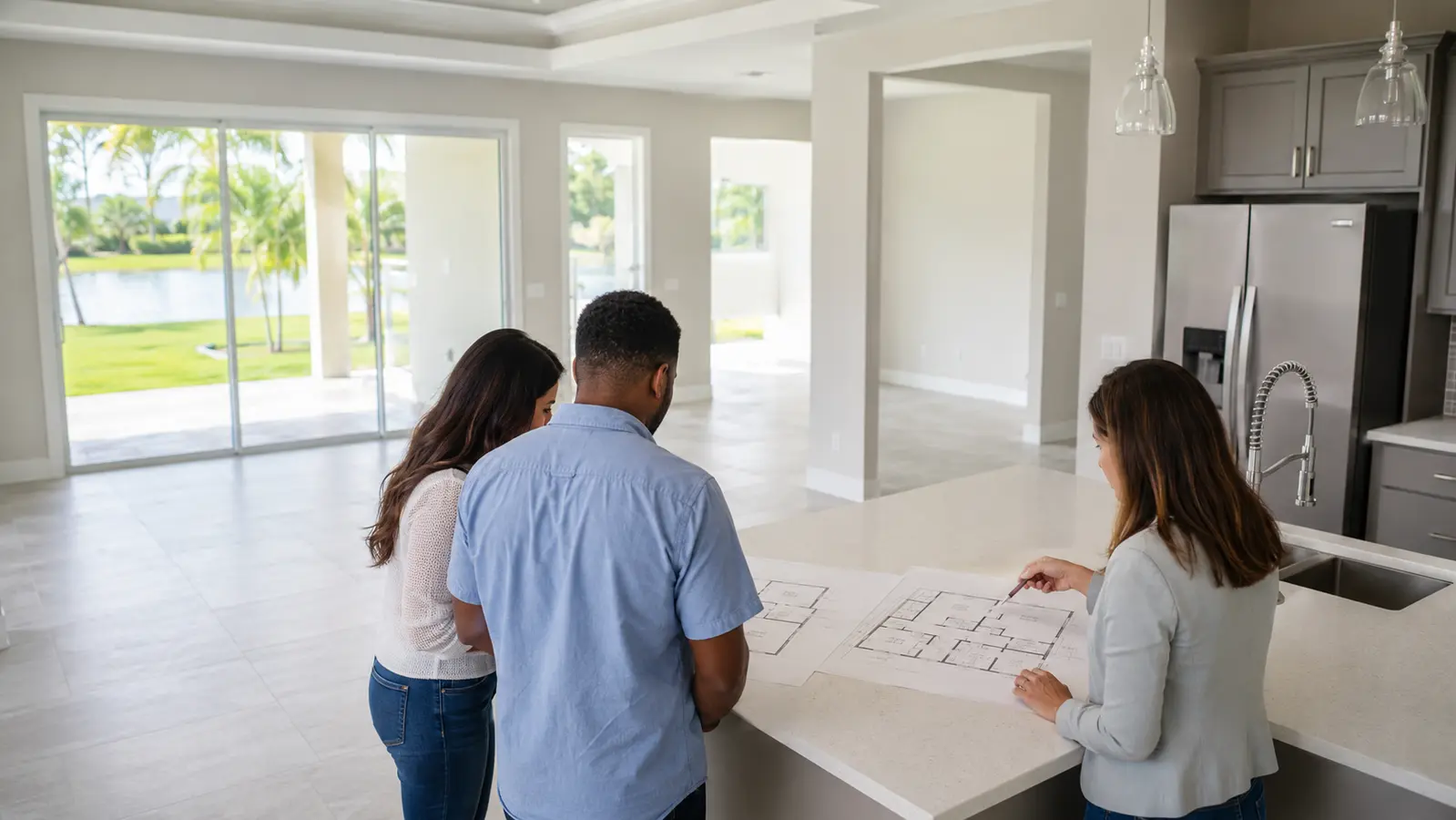A real estate professional reviewing a Florida home's floor plan with buyers